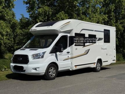 Prix : 32000€ , FORD BENIMAR TESSORO 497 – 2019 – 43 900 km – 170 CH – Boîte automatique – Queen bed + Lit pavillon – Grand garage – Très bien équipé